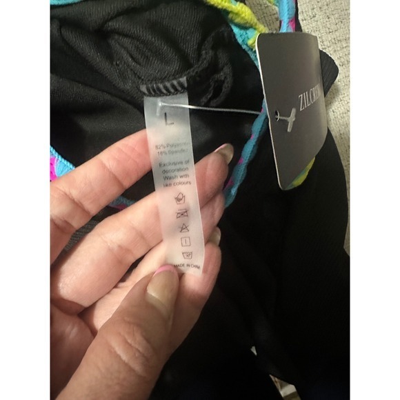 Zilcremo Swimdress Women L Black NEW Tummy Control Neon Trim Side Tie Ribbed - Picture 4 of 7